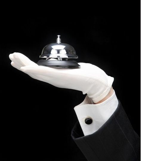 Concierge Aesthetic, Cluedo Costume, French Waiter, Butler Aesthetic, Emma Cline, Gloves Drawing, Outstretched Hand, Bell Image, Bell Logo