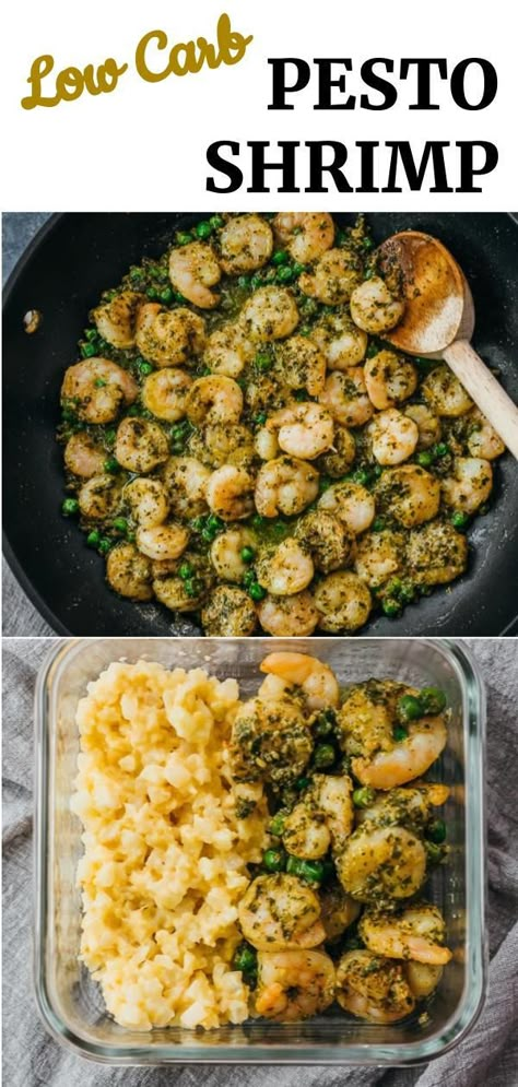 Keto Recipes With Pesto Sauce, Shrimp Cauliflower Recipes, Low Carb Meals Fish, Pesto Keto Recipes, Keto Dinner Shrimp, Pesto Cauliflower Rice, Low Carb Pesto Meals, Cauliflower Rice With Shrimp, Shrimp And Riced Cauliflower Recipes