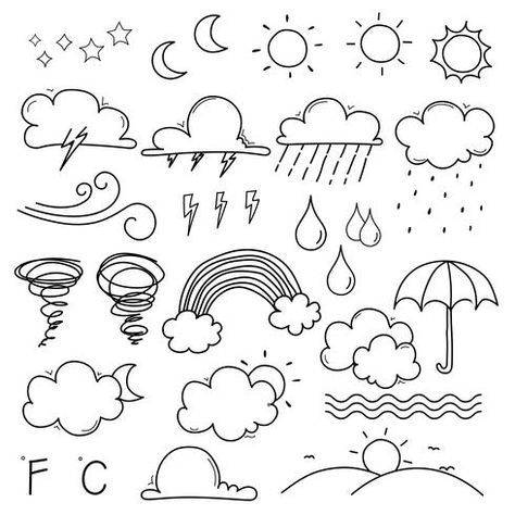 Doodle Cute Art, Weather Doodles, Rain Clipart, Doodle Illustrations, Cloud Clipart, Weather Clipart, Sun Clipart, Cute Clip Art, Weather Crafts