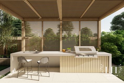 Wooden Outdoor Bbq Area, Contemporary Bbq Area, Modern Bbq Design, Pergola Outside Kitchen, Alfresco Bbq Area, Summer Kitchen Outdoor Modern, Outdoor Pergola Bbq Area, Pool Alfresco Area, Outdoor Kitchen Against Fence