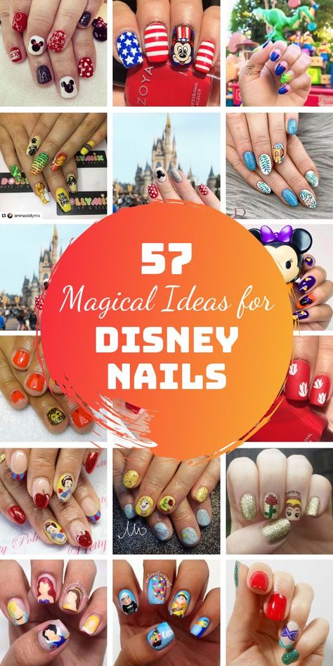 Disney World Nail Art, Cute Nails For Disney World, Rundisney Nails, Disney Manicures, Disney Nail Art Ideas, Nail Ideas For Disney World, Disney Dip Nails Ideas, Disney Firework Nails, Elemental Nails Disney