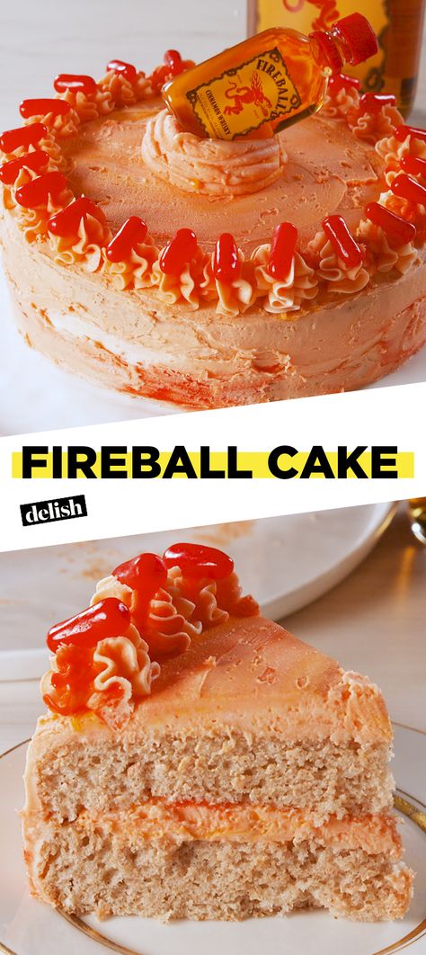 Screw birthday cake — give us FIREBALL cake Get the recipe at Delish.com. #fireball #whisky #whiskey #cinnamon #alcohol #liquor #delish #recipe #easyrecipe #dessert #cake Fireball Cupcakes Birthday Cakes, Fireball Cake Ideas, Alcohol Cake Recipes, Alcohol Dessert Recipes, Fireball Birthday Cake, Fireball Cake Recipe, Fireball Birthday, Alcoholic Cake, Fireball Cake