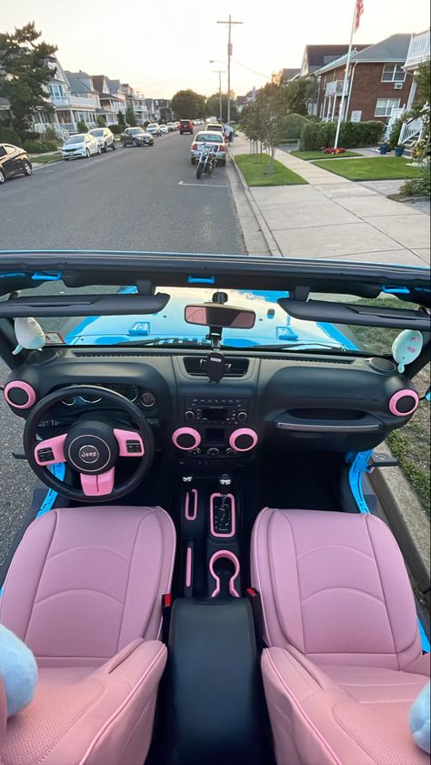 Pink Interior 
Blue Jeep
No Doors
Aesthetically Pleasing Jeep Pink Interior, White Jeep Pink Interior, Pink Car Interior Ideas, Jeep Wrangler Pink Interior, White Jeep Pink Accents, Cute Jeep Interior, White And Pink Jeep, Hot Pink Jeep Wrangler, White Jeep With Pink Accents