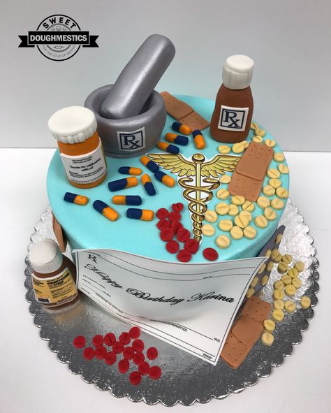 Pharmacist Cake by Sweet Doughmestics Pharmacy Cake Ideas Pharmacists, Pharmacist Birthday Cake, Medicine Cake Design, Pharmacy Cake Design, Pharmacist Graduation Cake, Pharmacy Cake Ideas, Pharmacist Cake Ideas, Pharmacist Graduation Party, Medicine Cake