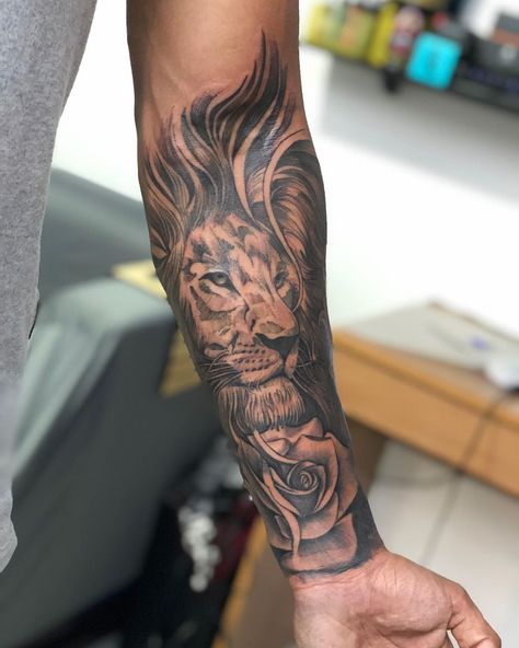 Lion Tattoo Design Forearm, Lion Tattoo Sleeve, Lion Forearm Tattoo, Lion Forearm Tattoos, Master Tattoo, Lion Tattoo Sleeves, Mens Lion Tattoo, Lion Tattoos, Epic Tattoo