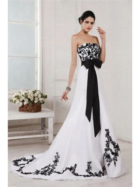 Wedding Dresses Online, Buy Cheap Wedding Dresses For Bride - Hebeos White And Black Wedding Dress, White And Black Wedding, Black White Wedding Dress, Satin Wedding Dresses, Black Wedding Dress, Wedding Dress Sash, Wedding Robe, Sweetheart Wedding Dress, Black White Wedding