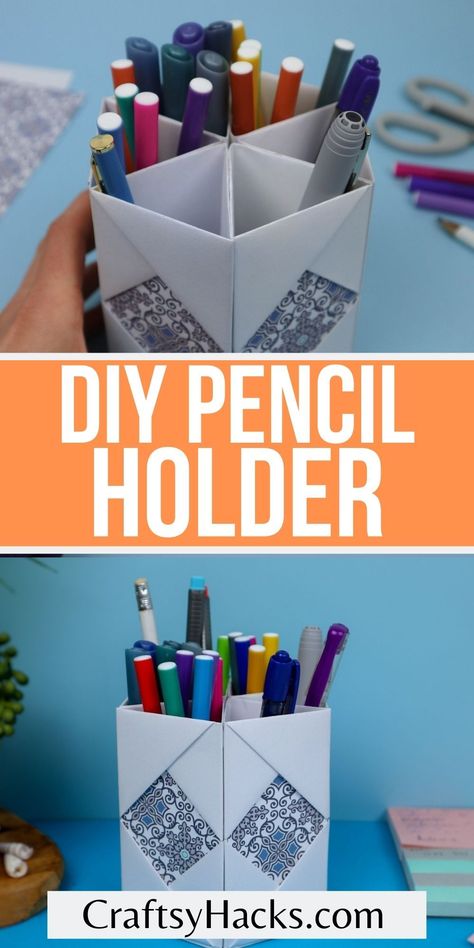 If your desk is constantly overflowing with loose pencils you need to make this creative DIY organizing craft for your home office. This DIY pencil case out of paper is the perfect DIY organizing trick to get better desk storage on a low budget. Pen Storage Diy, Origami Pencil Holder, Craft Organization Diy, Diy Pencil Holder, Organizing Tools, Diy Organizing, Diy Pencil Case, Creative Origami, Desk Organization Diy