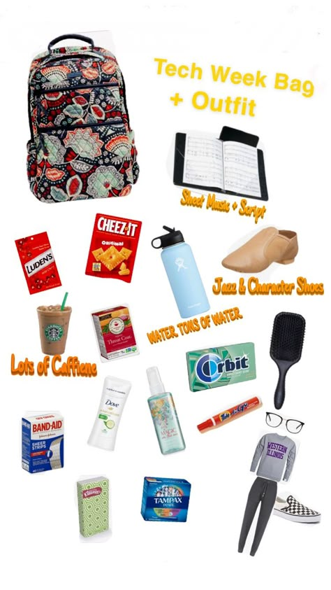 Musical theatre tech week survival kit bag outfit ideas help school musical broadway Theatre Rehearsals Outfits, Rehearsal Theatre Outfit, Dance Audition Outfit Musical Theatre, Cute Rehearsal Outfits Theatre, Tech Week Theatre Funny, Cast Gifts Theatre, Theatre Tech Outfit, Theater Bag Essentials, Musical Rehearsal Outfit