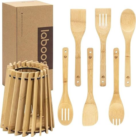 Amazon.com: 7 Piece Bamboo Cooking & Serving Utensil Set | Spoon & Spatula & Salad Tong Mix | Bamboo Rhythm Kitchen Holder | Nature Nonstick Kitchen Gadgets | Great Gift For Housewarming & Foodies | By laboos: Home & Kitchen Utensil Organizer, Bamboo Utensils, Salad Tongs, Utensil Organization, Cooking Spoon, Serving Utensils, Spoon Set, Kitchen Utensils Gadgets, Utensil Set