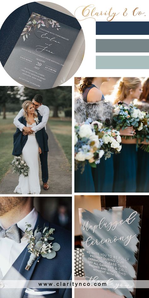 Winter Wedding Colors Schemes, Early Winter Wedding, Wedding Colors Schemes, Wedding Color Schemes Blue, Winter Wedding Color Palette, Dark Blue Wedding, Blue Winter Wedding, Wedding Color Scheme, Wedding Color Pallet