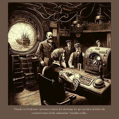 Jules Verne Nautilus, Submarine Drawing, Nautilus Submarine, Mystery Writing, The Nautilus, Control Room, Character And Setting, Leagues Under The Sea, Comic Pictures