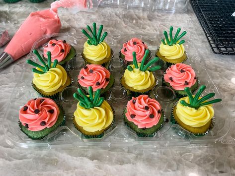 #fruitcupcakes #watermelon #watermeloncupcake #pineapple #pineapplecupcake #endofyearparty End Of Year Cupcakes, Twotti Fruity Cupcake Ideas, Twotti Fruity Birthday Cupcakes, Hawaiian Birthday Party Cupcakes, Luau Theme Cupcakes, Luau Birthday Cupcakes, Luau Birthday Party Cupcakes, Fruity Cupcakes, Watermelon Cupcakes