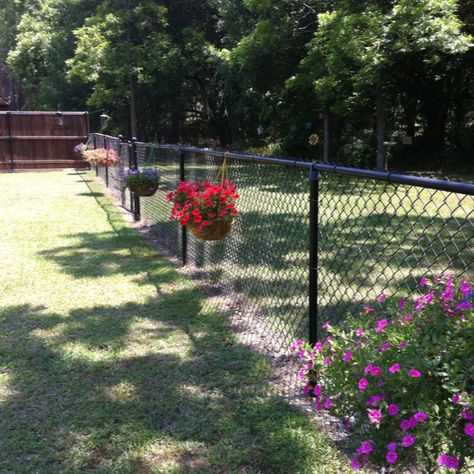 My hanging baskets on the chain link fence.  Adding more soon! Chain Link Fence Planter Boxes, Update Chain Link Fence, Bamboo Screening Fence, Black Chain Link Fence, Pagar Modern, Chain Fence, Backyard Fence Decor, Front Yard Fence, Fence Art