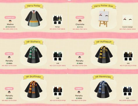 ACNH robe and face paint QR codes   #harrypotter #slytherin #gryffindor #hufflepuff #ravenclaw Animal Crossing 3ds, Ac New Leaf, Animal Crossing Funny, Animal Crossing Guide, Animal Crossing Qr Codes Clothes, Qr Codes Animal Crossing, Animal Crossing Characters, Animal Crossing Villagers, Harry Potter Outfits