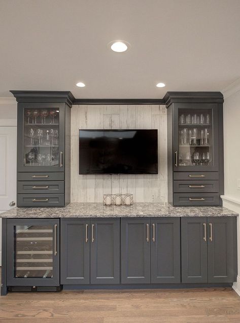 Den Room Ideas With Bar, Family Room Bar Ideas Built Ins, Tv Over Wet Bar, Wet Bar Corner Ideas, Wet Bar Ideas With Tv, Dry Bar With Tv Above, False Back Cabinet, Home Bar Game Room, Bar Wall With Shelves