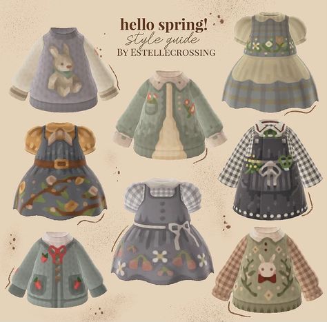 Acnh Springcore Villagers, Hunger Games Animal Crossing, Animal Crossing Spring Outfits, Animal Crossing Inspired Outfits, Acnh Spring Clothes, Acnh Clothes Design Id, Cute Clothing Ideas, Cottage Core Animal Crossing, Cottagecore Animals