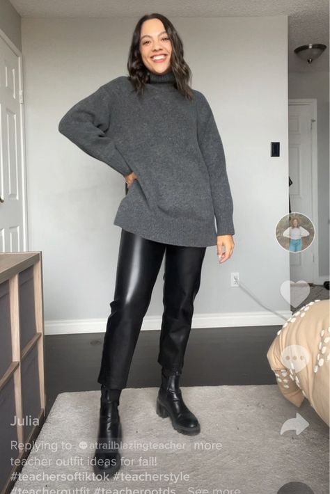 Split Hem Sweater Outfit, Split Leg Leather Pants Outfit, Oversized V-neck Sweater For Workwear In Winter, Faux Leather Split Hem Pants, Stretch Full-length Leather Pants For Winter, Faux Leather Leggings Oversized Sweater, Winter Teacher Outfits, Teacher Outfits Fall, Winter Capsule