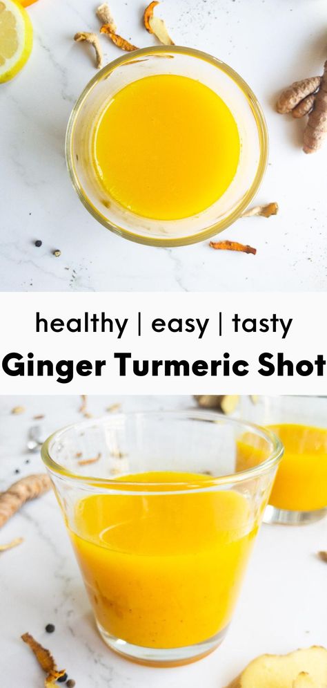 This immune-boosting spicy ginger turmeric shot recipe is easy and quick to make with a blender. No juicer needed. A tasty and spicy lemon ginger turmeric shot recipe. #immunebooster #gingershot #healthyrecipe #wellnessshot #turmericshot Lemon Ginger Turmeric Shots, Ginger Shots Recipe, Ginger Turmeric Shots, Easy Shot Recipes, Lemon Ginger Turmeric, Healthy Shots, Ginger Tumeric, Health Shots, Lemon Shots