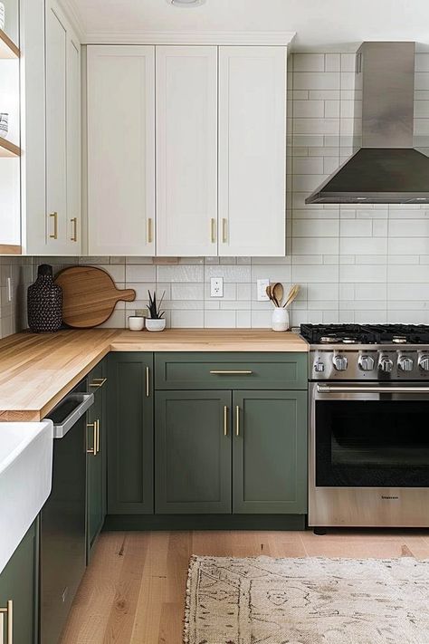 20+ Refreshing Green Kitchen Ideas to Bring Nature to Your House - H.M.G Kitchen Remodel Olive Green, White Uppers Green Lowers, Olive Green Kitchen Cabinets Gold Hardware, Split Kitchen Cabinet Color, Green Wood Kitchen Cabinets, Black And Olive Kitchen, Kitchen Green Bottom White Top, Kitchen Different Color Cabinets, Kitchen Cabinets White Upper Green Lower