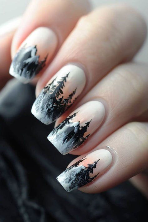 Snowy Mountain Peaks: Nail Art For Winter Mountain Wedding Nails, Canada Nails Designs, Winter Tree Nails, Alaskan Nails, Mountain Nails Designs, Chill Nails, Alaska Nails, Mountain Nail Art, Mountain Nails