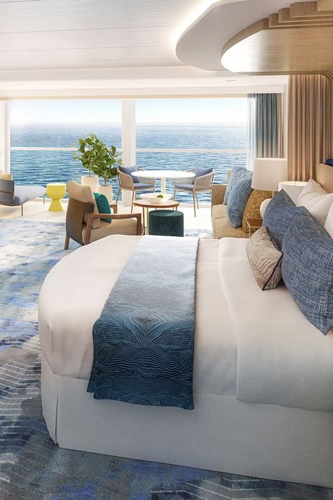 Cruise Bedroom, Luxury Yacht Bedroom, Cruise Ship Rooms Luxury, Cruise Ship Rooms, Luxury Cruise Suite, Cruise Ship Interior, Allure Of The Seas Royal Caribbean Rooms, Boat Bedroom, Icon Of The Seas Cruise Ship