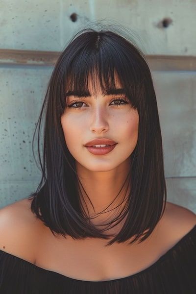 35 Stunning Medium-Length Hairstyles with Bangs - The Hairstyle Edit Short Bangs On Long Hair, Bangs Full Face, Tall Face Hairstyle, Shoulder Length Haircut With Fringe, Dark Lob With Bangs, Dark Medium Hair With Bangs, Lob With Bangs Straight Hair, Dark Hair Lob With Bangs, Medium With Bangs Shoulder Length