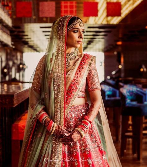 Unique Bridal Lehenga Colour Combinations Which Will Be Big In 2019! | WedMeGood Lehenga Color Combinations, Bridal Lehenga Designs, Bride Photoshoot, Anita Dongre, Bengali Bride, Indian Bridal Lehenga, Green Lehenga, Bridal Poses, Bridal Lehenga Red