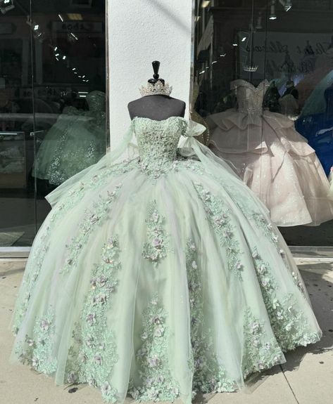 Princess Tiana Dress Quinceanera, Light Green Xv Dresses, Sage Green Quinceanera Dresses Butterfly, Lime Green Quince Dress, Quncie Dresses Sage Green, Sage Green And Purple Quince Dress, Light Sage Green Quince Dress, Light Green 15 Dresses Quinceanera, Quinceanera Dresses Light Green