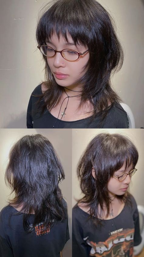 Messy Hair Haircut, Emo Hair For Round Faces, Aesthetic Haircuts Women, Long Women Mullet, Medium Length Jellyfish Haircut, Haircut Ideas Black Hair, Asian Shaggy Hair, Black Mullet Hairstyle Women, Unique Long Haircut