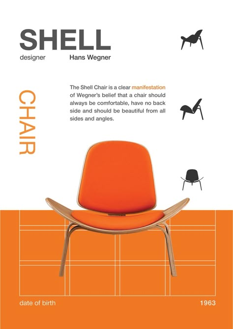 Chair Poster Design, Presentation Furniture Design, 60s Interior, Furniture Magazine, Furniture Graphic, Furniture Details Design, Brochure Layout, Shell Chair, Iconic Furniture