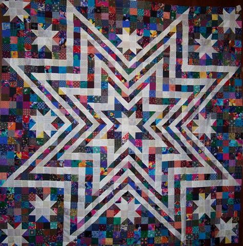 Exploding Star quilt by "KSCrafter" of the quiltingboard.com.  Another use for the HST and also to get rid of some other scrap squares! Scrappy Star Quilt Patterns, Exploding Star Quilt Pattern, Cozy Quilts, Quilt Block Patterns Free, Half Square Triangle Quilts, Quilt Of Valor, Patriotic Quilts, Star Quilt Blocks, Beginner Quilt Patterns