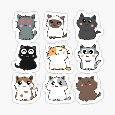 Cute Cartoon Cats nine-piece sticker pack features colorful cat breeds including Calico Cat, Ragdoll Cat, Tuxedo Cat, and more. Also available on t-shirts, mugs, clocks, and more. Check out all the adorable sticker packs for animal lovers at Cafe Pretzel. • Millions of unique designs by independent artists. Find your thing. Cat Sticker Set, Cats Stickers, Cat Template, Cartoon Cats, Stickers Kawaii, Tumblr Stickers, Scrapbook Stickers Printable, Sticker Template, Cartoon Stickers