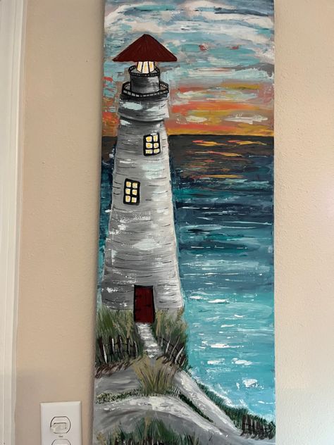 Inspired by the song” Jesus is my lighthouse “ Diy Lighthouse Painting, Long Canvas Painting Ideas Vertical, My Lighthouse, Diy Lighthouse, Lighthouse Tattoo, Nautical Crafts, Lighthouse Painting, Lighthouse Art, Canvas Painting Ideas