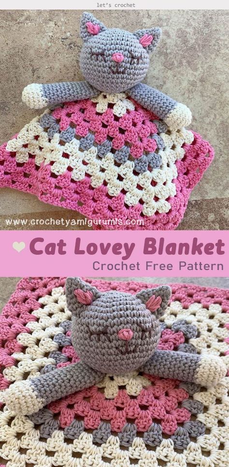 Cat Lovey Blanket Free Crochet Pattern #letscrochetfreepattern  #crochetloveyblanket  #freecrochetpatterns  #crochetforbaby Free Crochet Animal Blanket Patterns, Cat Crochet Lovey, Crochet Cat Lovey Blanket Free Pattern, Crochet Baby Lovies Free Pattern, Crochet Cat Lovey Free Pattern, Crochet Security Blanket Free Pattern, Cat Lovey Pattern, Lovey Blanket Crochet Free Pattern, Crochet Baby Lovey Free Pattern