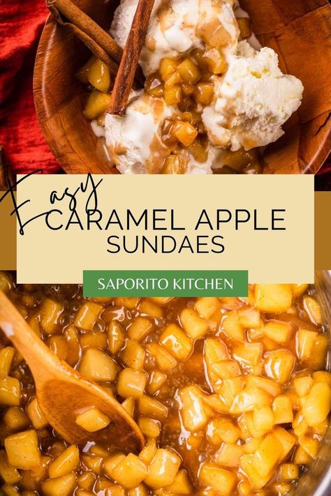 wooden spoon stirring cooked apples in caramel sauce and wooden bowl filled with ice cream and apple caramel topping with two cinnamon sticks Apple Caramel Sauce Recipe, Caramel Apple Ice Cream Topping, Apple Pie Ice Cream Topping, Caramel Apple Sundae, Carmel Apple Sauce Recipes, Caramel Apple Compote, Apple Topping For Ice Cream, Apple Pie Sundae, Fall Ice Cream Sundaes