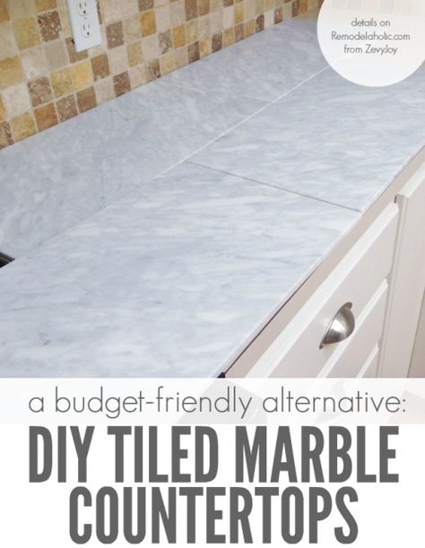 Beautiful! Self-installed tile marble countertops are a cheaper alternative to slab marble counters, so you can get the same beautiful look for a LOT less money @Remodelaholic Diy Tile Countertops Kitchen, Replace Tile Countertop, Tile Bar Top Ideas, 1800 Kitchen, Diy Marble Countertops, Tile Countertops Diy, Inexpensive Kitchen Countertops, Kitchen Countertop Decor Ideas, Countertop Decor Ideas