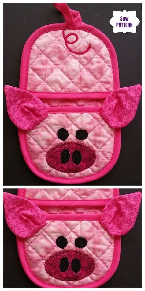 DIY Pig Oven Mitt/Potholder Sew Patterns Free & Paid Tutorial Chicken Pot Holders Sewing, Chicken Potholders To Sew, Potholders To Sew Free Pattern Tutorials, Hot Pads Sewing Patterns Free, Pig Potholder, Chicken Potholder Pattern, Craft Shelf, Quilted Potholder Pattern, Pig Quilt