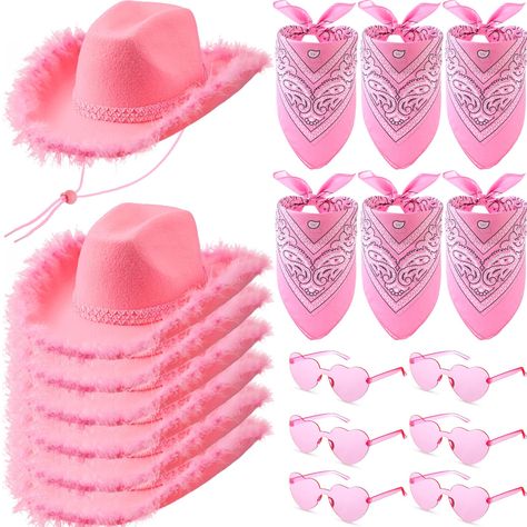 PRICES MAY VARY. fabric, feather, sequins Imported pink closure Hand Wash Only Package Variety: the package includes 6 cowgirl hats bulk, 6 pink bandanas, and 6 pairs of transparent heart glasses, making it an good choice for group parties or events; You can also present them as gifts to your loved ones, symbolizing a thoughtful gesture Ideal Size for Women Girls: our cowgirl hat pink measures approximately 14.96 x 11.81 x 5.12 inches, with adjustable drawstring so you can adjust it to your need Pink Cowgirl Party Favors, Pink Cow Party Ideas, Cowboy Theme Birthday Party Decorations, Pink Cowgirl Themed Birthday Party, Cowgirl Pink Party, Pink Cowgirl Party Ideas, Hot Pink Cowgirl Party, Neon Cowgirl Party, Barbie Cowgirl Party