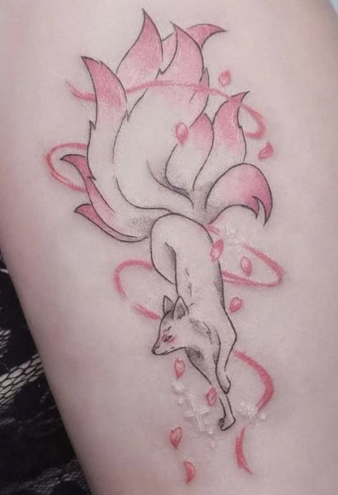 Sakura Fox Tattoo, Cute Kitsune Tattoo, Hualian Tattoo Ideas, Gumiho Tattoo, Fox Mask Tattoo, Japanese Kitsune Tattoo, Kitsune Fox Tattoo, Kitsune Tattoo Design, 9 Tailed Fox Tattoo