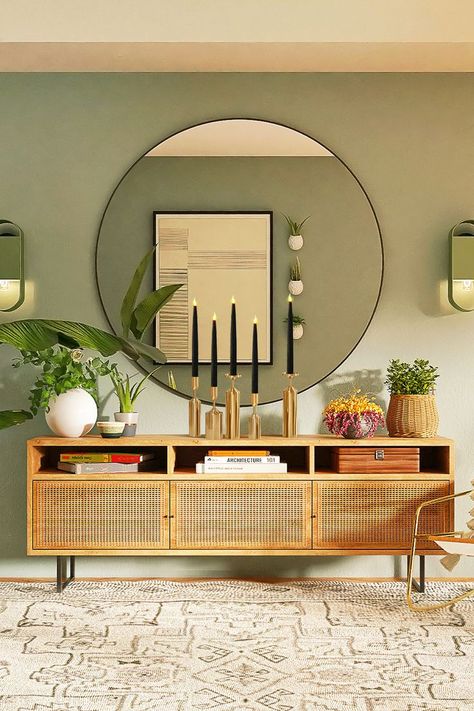 Nature Theme Living Room Decor, Rattan Home Decor Living Room, Nature Theme Interior Design, Green Wall Styling, Wood And Green Interior Design, Rattan Living Room Furniture, Green Massage Room, Rattan Furniture Interior Design, Living Room Rattan Furniture