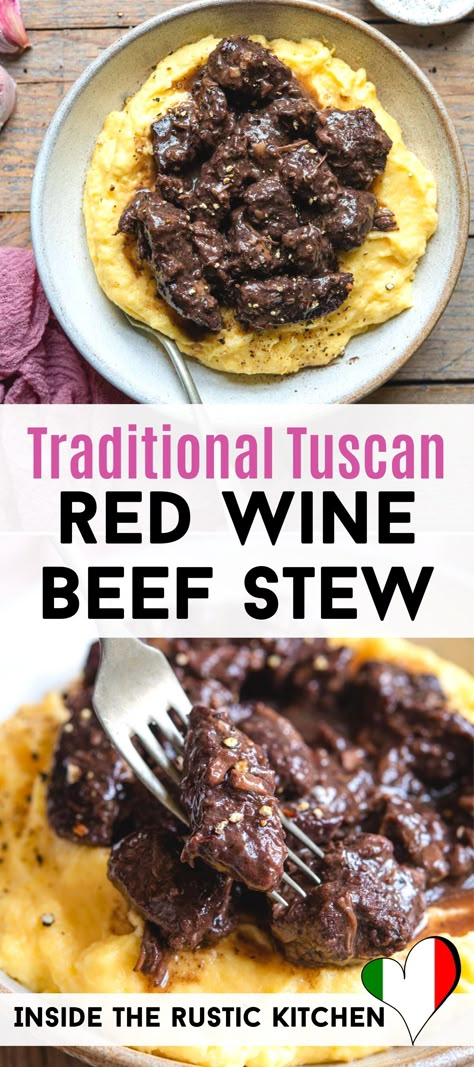 Beef Stew With Polenta, Beef And Red Wine Recipes, Recipes Using Red Wine, Red Wine Recipes Cooking, Red Wine Recipes, Tuscan Beef Stew, Red Wine Stew, Beef Red Wine, Tuscan Beef