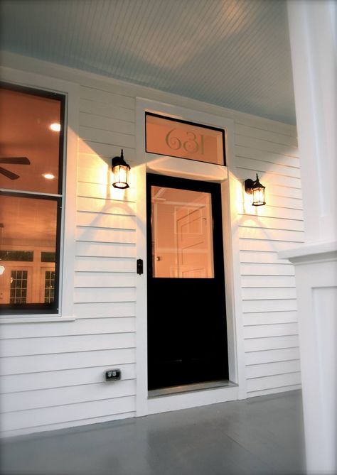 Front door with transom and address numbers Front Doors With Transom Windows, Front Door Top Window, Exterior Door With Transom Window, Transom Window Exterior Front Entry, Front Door Transom Window, Front Door With Transom Above, Transom Windows Exterior Farmhouse, Front Door With Transom, Door With Transom