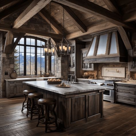 30 Impressive Cabin Kitchen Ideas & design in 2024 you should See!! - Rustic Kitchen Island With Stove, Mountain Kitchen Ideas Rustic, Cabin House Kitchen, Cabin Kitchen Design Ideas, Barndominium Kitchen Open Concept, Ski Lodge Kitchen, Barndo Kitchen Ideas, Rustic Kitchen Island With Seating, Cabin Interiors Kitchen