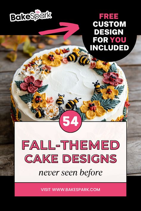 54 Fall-Themed Cake Design Ideas Fall Birthday Cake Ideas, Autumn Cake Ideas Birthday, Fall Cake Decorating Ideas, Fall Cake Designs, Fall Theme Cakes, Fall Cakes Decorating, Fall Birthday Cakes, School Fall Festival, Harvest Festivals