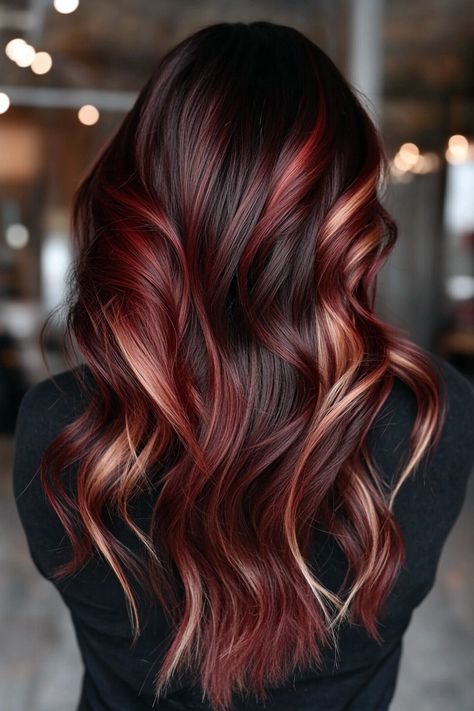 Striking Combinations: 16 Stunning Red Hair with Blonde Highlights Styles Hair Color Ideas For Burgundy, Red With Dimension, Layered Hair Ideas Medium, Carmel And Red Lowlights On Brown Hair, Dark With Red Highlights, Blonde And Red Highlights On Dark Hair, Red Blonde Brown Highlights, Deep Red Hair With Highlights, Brunette Burgundy Hair