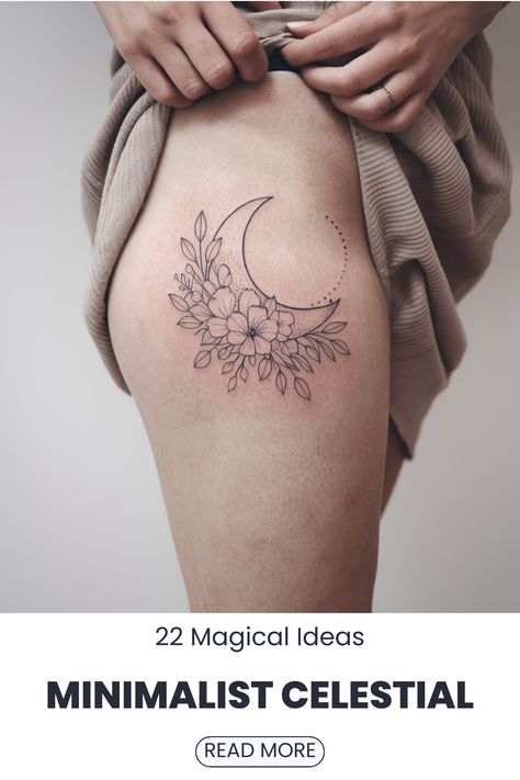 Moon with floral accents tattoo for a blend of nature and celestial beauty Floral Crescent Moon Tattoo, Moon Hip Tattoo, Tara Tattoo, Unique Moon Tattoo, Moonflower Tattoo, Celestial Tattoos, Floral Crescent Moon, Firefly Tattoo, Peace Tattoos