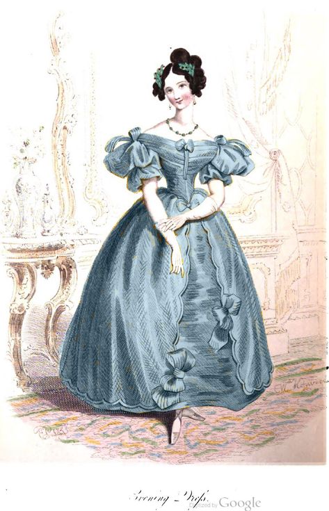 This evening dress appeared (in a different color) in La Belle Assemblée of June 1833. 1830s Evening Gown, 1830s Evening Dress, Romantic Era Dress, 1830s Fashion Plate, 1835 Fashion, 1830 Dress, Victorian Evening Dress, 1840 Dress, 1840s Dress