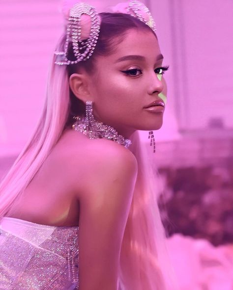 ➴☽ on Instagram: “what a look 💅🏼” 7 Rings, Ariana Grande, A Woman, Hair, Pink, White