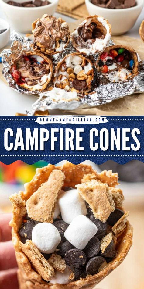 Looking for a new campfire treat this summer? Campfire Cones are your new campfire obsession. Roast them up with marshmallows, chocolate chips, graham crackers, and peanut butter for a melty, delicious treat – way easier than S’mores! S’more Cones, Campfire Desserts On A Stick, Edible Campfire, Campfire Cones Recipe, Bonfire Night Treats, Campfire Cones, Campfire Snacks, Summer Campfire, Campfire S'mores