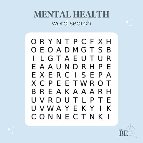 Looking for ways to support your mental health? Find some solutions in this word search. What else would you suggest? Add your go-tos in the comments below. #studiobe #wordsearch #mentalhealth #mentalhealthmay #mentalhealthawareness #therapy #support #nature #connect #walk #exercise #yooga #breathe #meditate #break #relax #selfcare #selfcaresaturday Walk Exercise, Health Words, Mental Health Care, Word Find, Mental Health Awareness, Diy Hacks, Word Search, Health Care, Affirmations